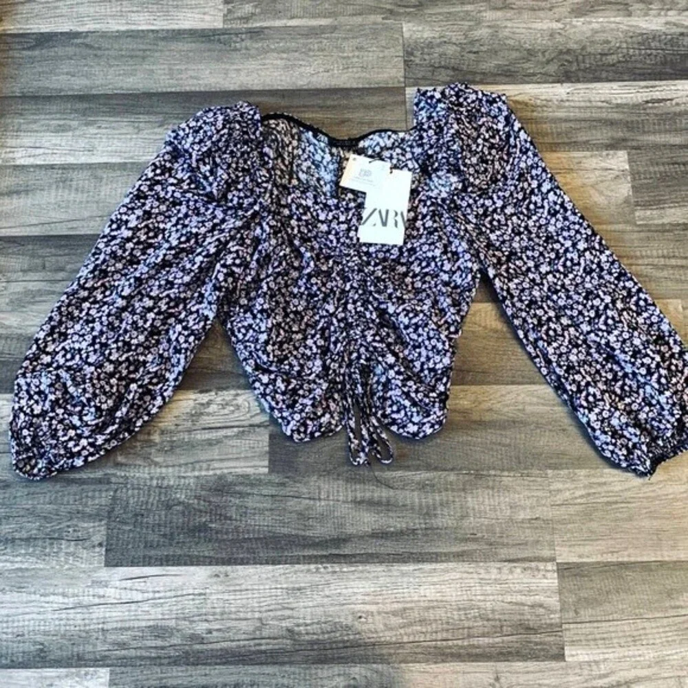 Zara Purple top floral long sleeve front drawstring size S boho bohemian